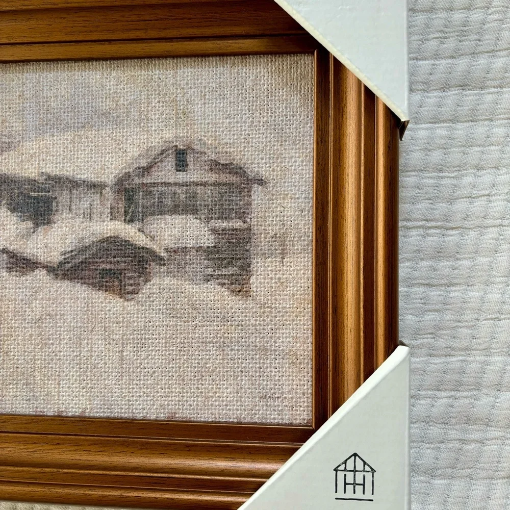 Hearth & Hand with Magnolia 10”x11” Snowy Cabin Burlap Framed Wall Art NWT